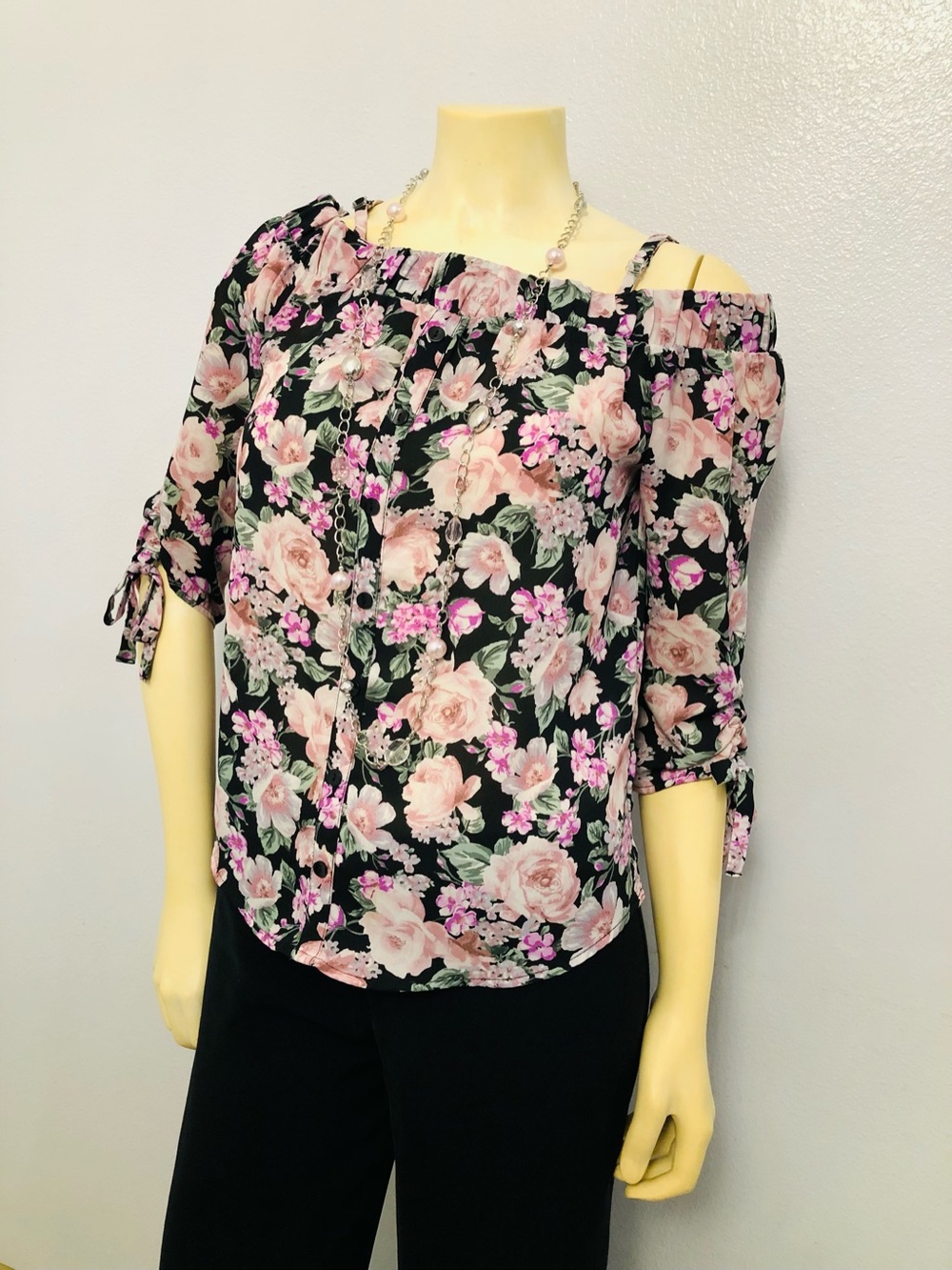 by & by Black Floral Off-Shoulder Top with Pink Blooms
